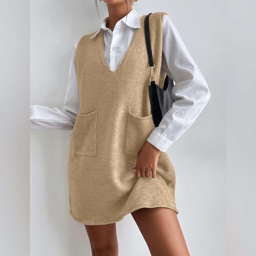 Women's Sleeveless Sweater Dress V Neck Knit Vest Dress with Pockets - Picture 4 of 7